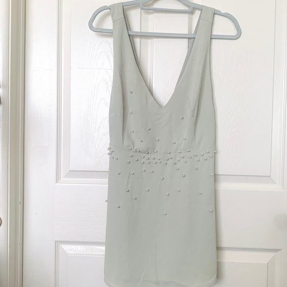 WILDFOX COUTURE PEARL SAGE GREEN MINI V-NECK DRESS - Picture 2 of 11